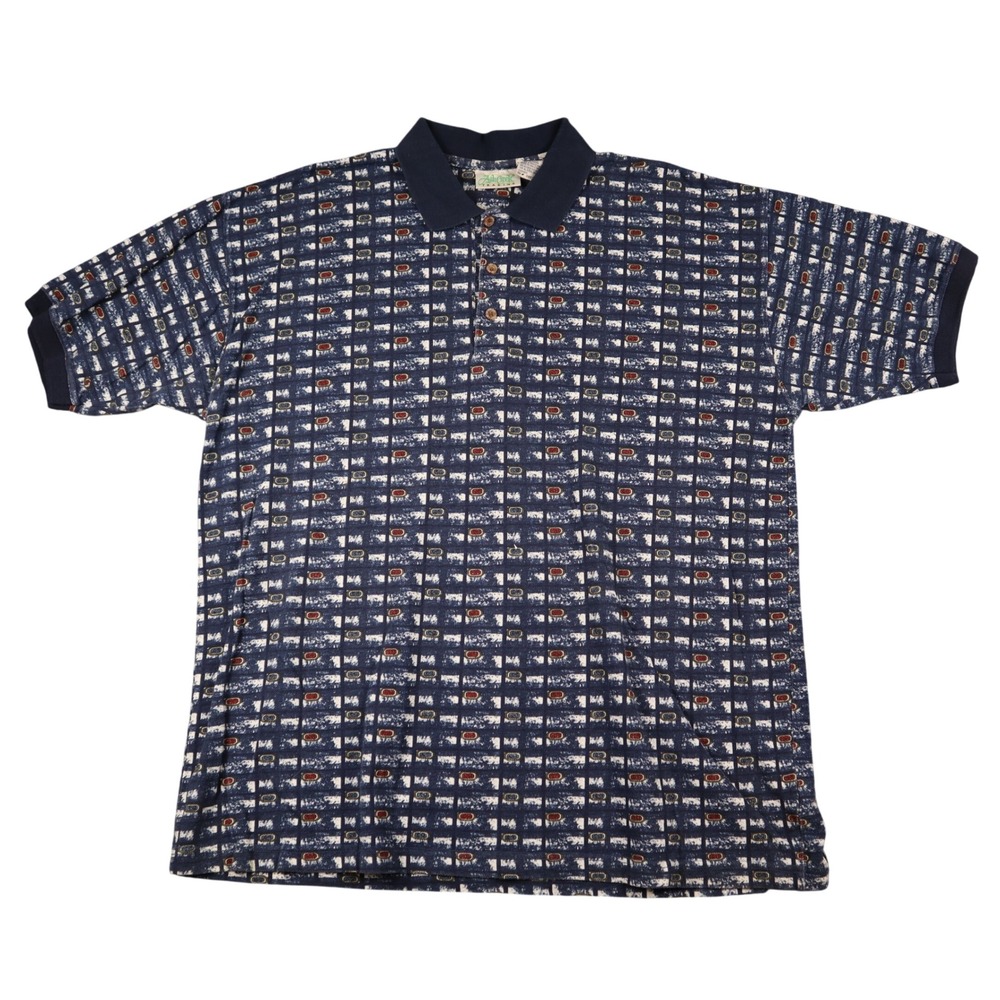 Vintage Ash Creek Trading Men XL Polo Shirt Blue Geometric Short Sleeve Collared